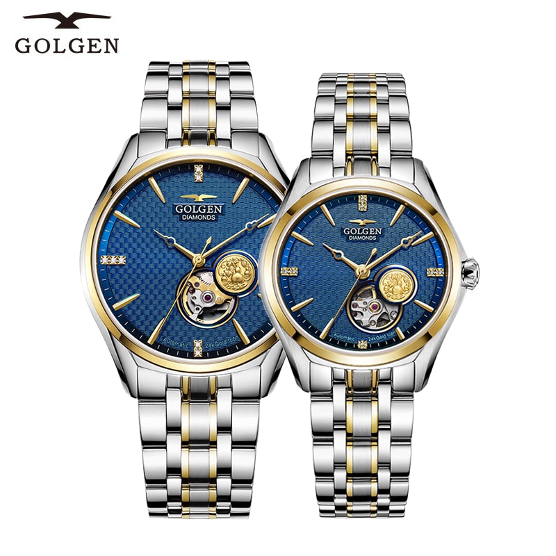GOLGEN Couple Mechanical Watches Lovers Stainless Steel Simple Elegant Men Women Skeleton Dial Wristwatch
