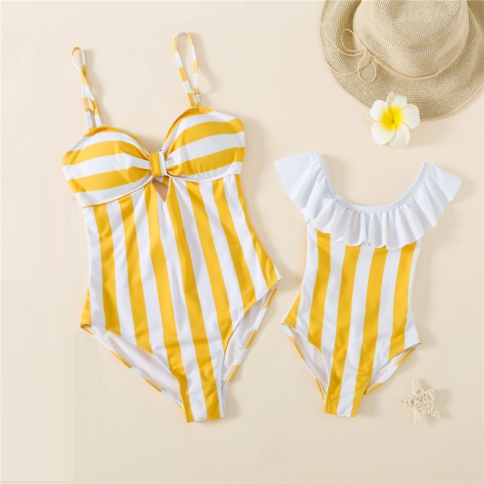 Striped Mother Daughter Swimwear One-Piece Mommy and Me Swimsuit Family Look Matching Outfits Mom Mum Daughter Dresses Clothes