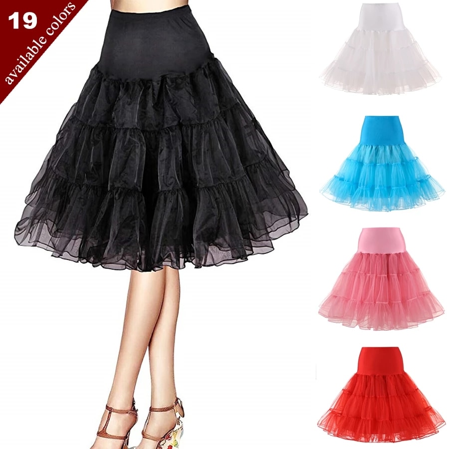 Free Short Organza Halloween Petticoat Lolita Rockabilly Ruffle Vintage Women's 50s Crinoline Tutu Underskirt 26" For Cosplay