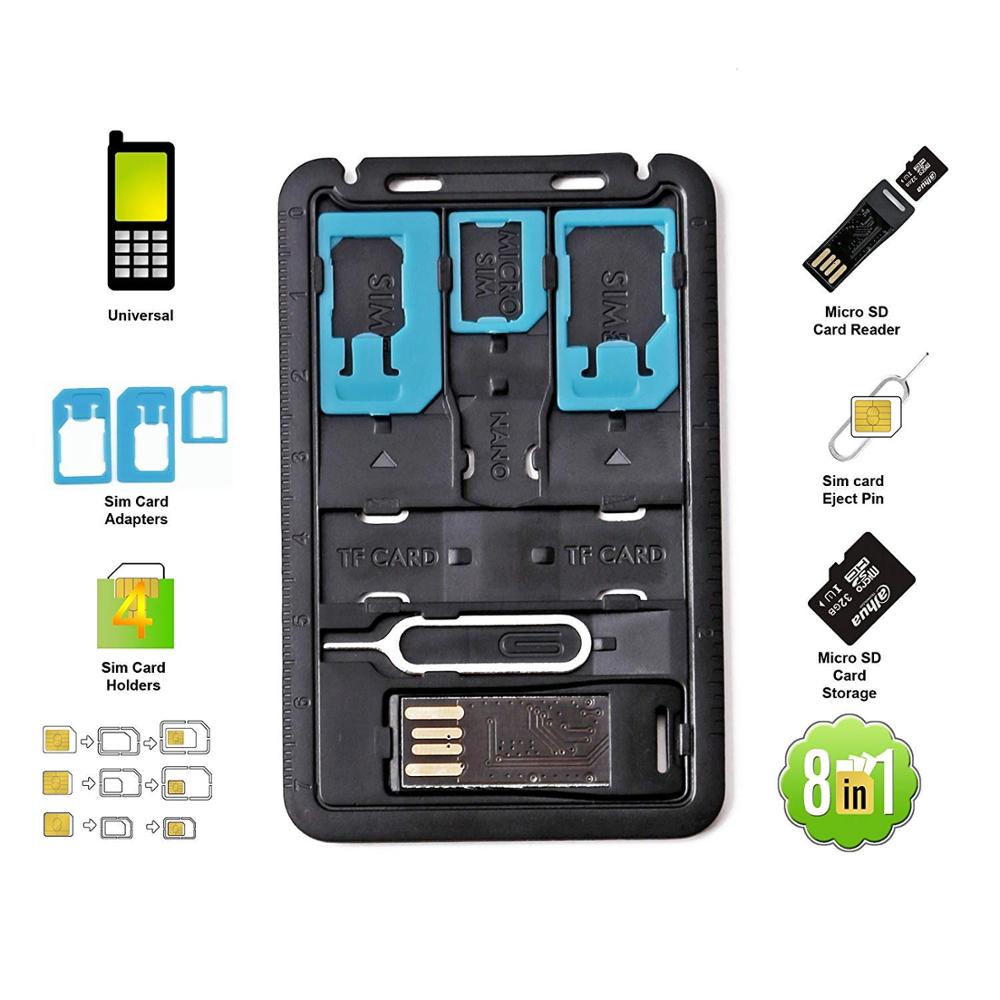 All in One Credit Card Size Slim SIM Adapter kit with TF card reader & SIM Card Tray Eject Pin, SIM Card holder