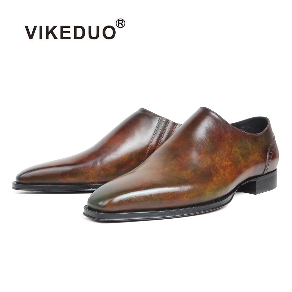 VIKEDUO Fashion New Loafers Shoes Men Patina Square Leather Sole Shoes For Men Genuine Cow Leather Mans Footwear Wedding Shoes