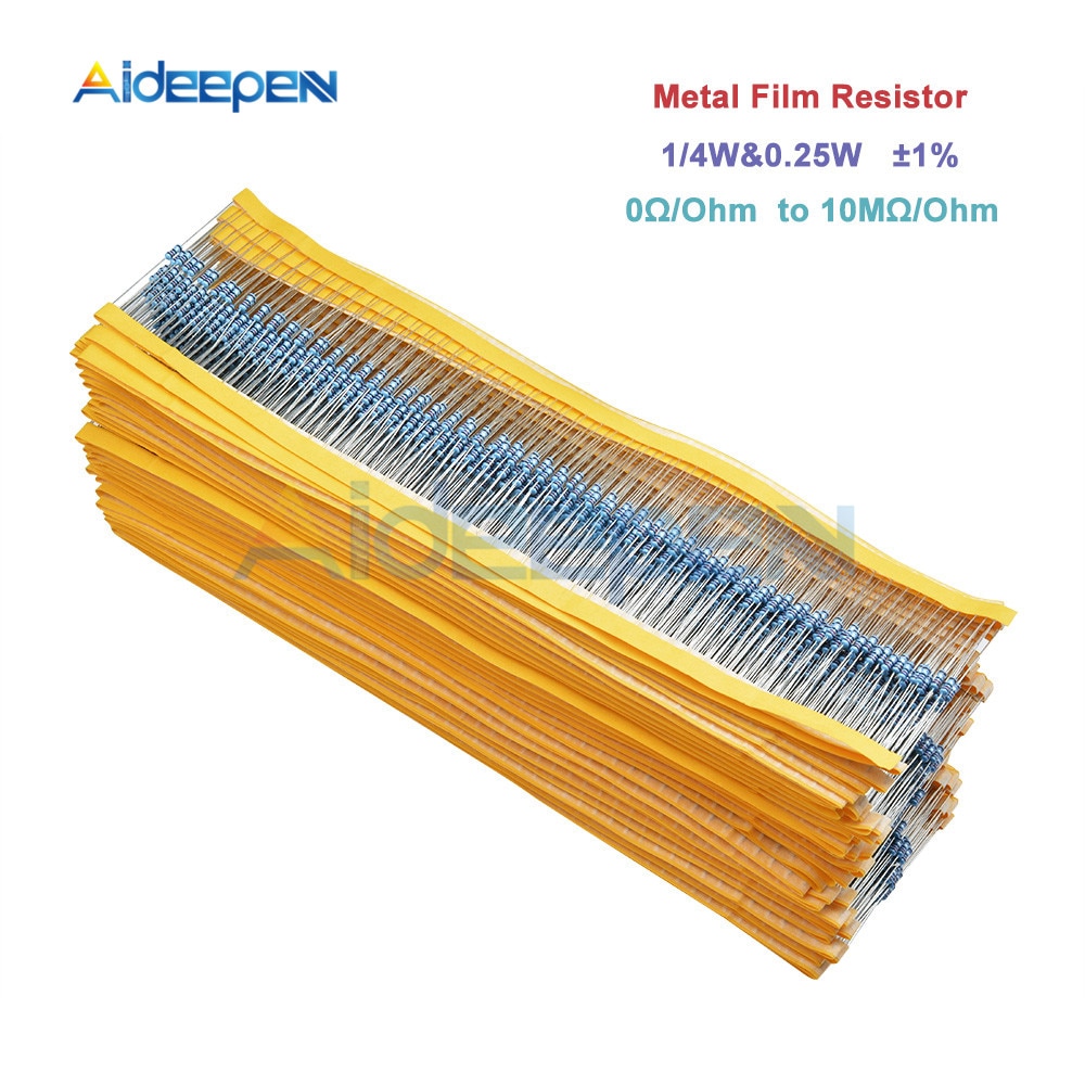 100pcs/Pack 0 Ohm-10M Ohm Metal Film Resistor 1% 1/4w 0.25w Resistor Assortment Kit Set