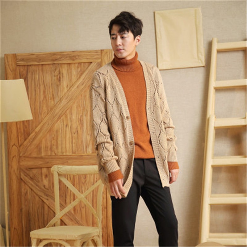 100%hand made pure wool Vneck knit men fashion solid hollow out slim single breasted cardigan sweater one&over size