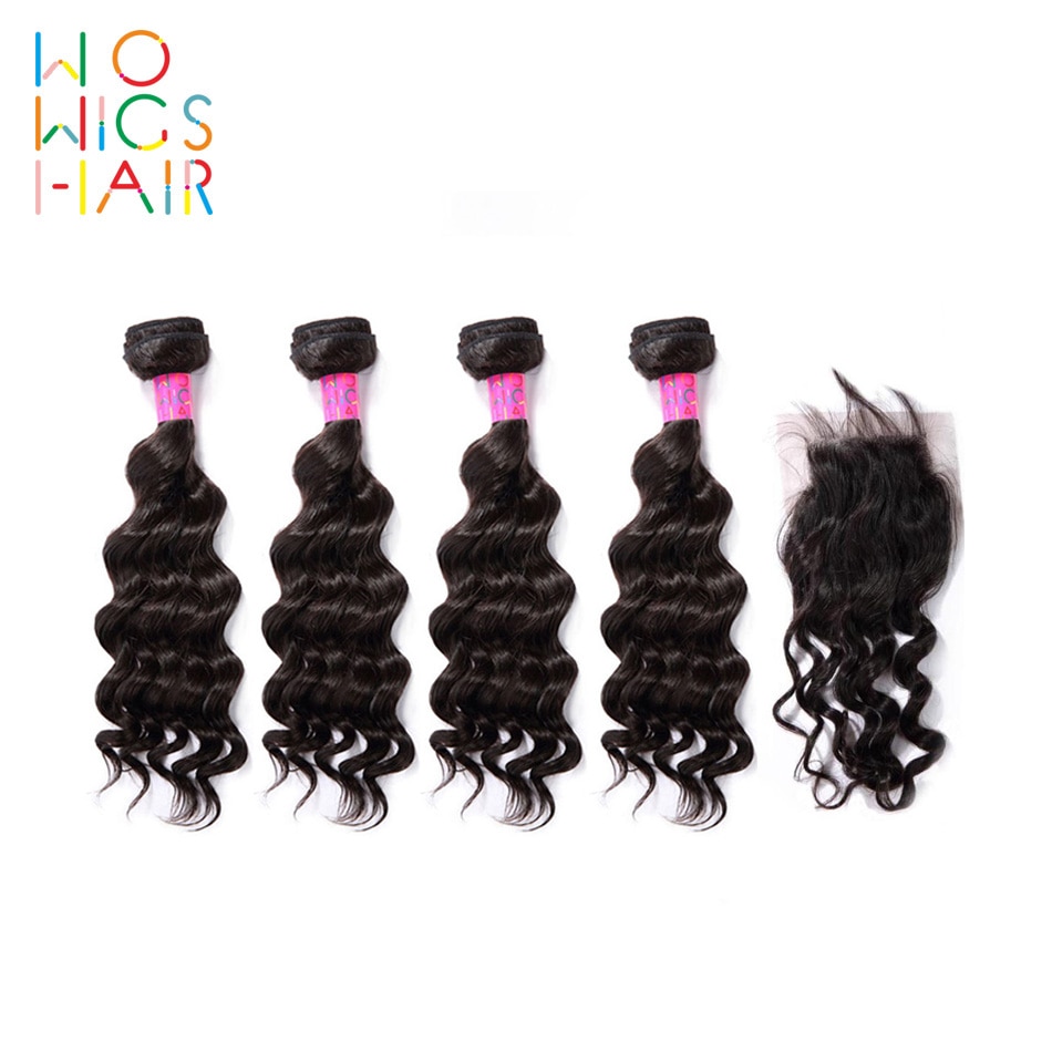 WoWigs Hair Indian Hair Remy Hair Deep Wave 4 / 3 Bundles Deal With Top Lace Closure Natural Color 1B