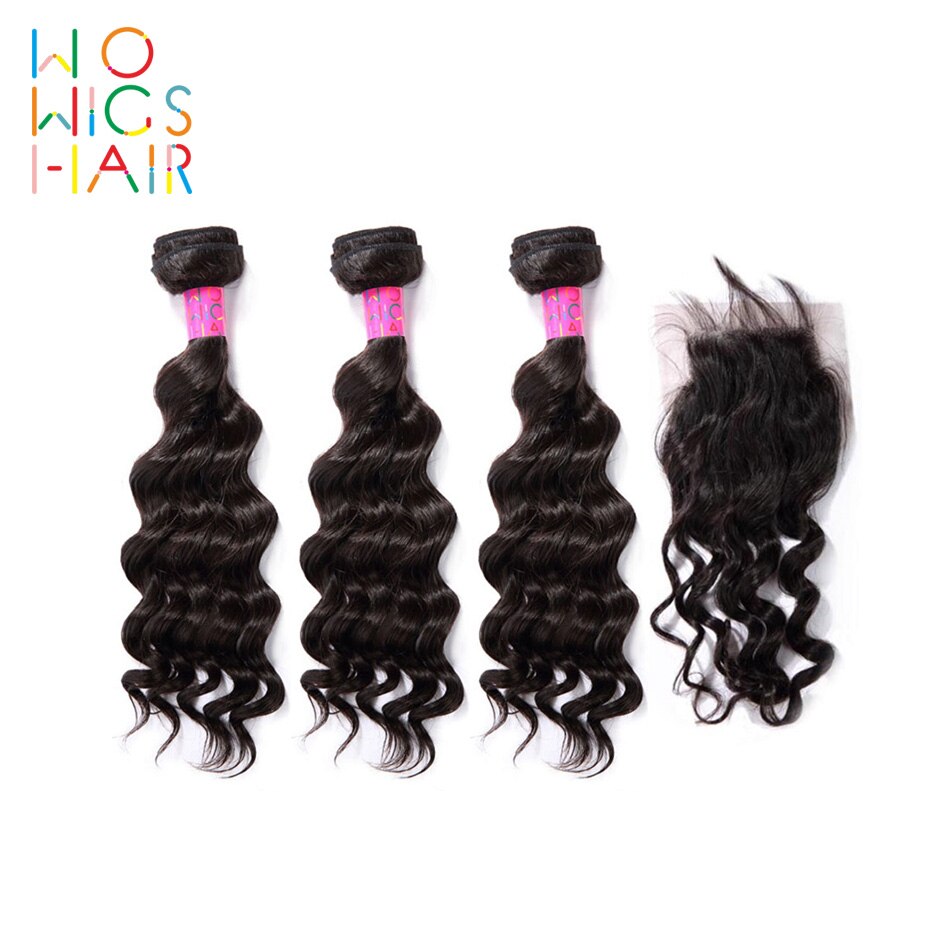 WoWigs Hair Indian Hair Remy Hair Deep Wave 3 Bundles Deal With Top Lace Closure / Frontal Natural Color 1B