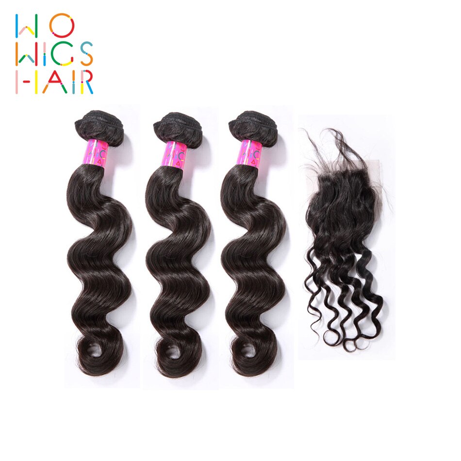 WoWigs Hair Burmese Hair Remy Hair Loose Wave 3 Bundles Deal With Top Lace Closure / Frontal Natural Color 1B