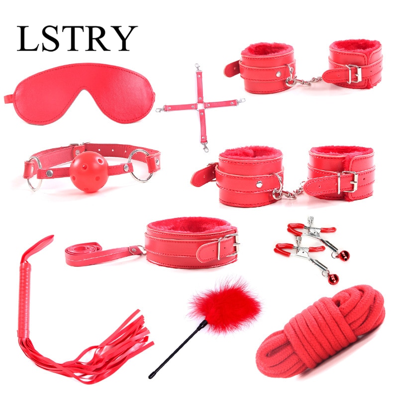 Hot 10Pcs/set Sex Toys For Woman PU Leather SM Sex Bondage Set Hand Cuffs Footcuff Whip Rope Blindfold Erotic Sex Toy For Couple