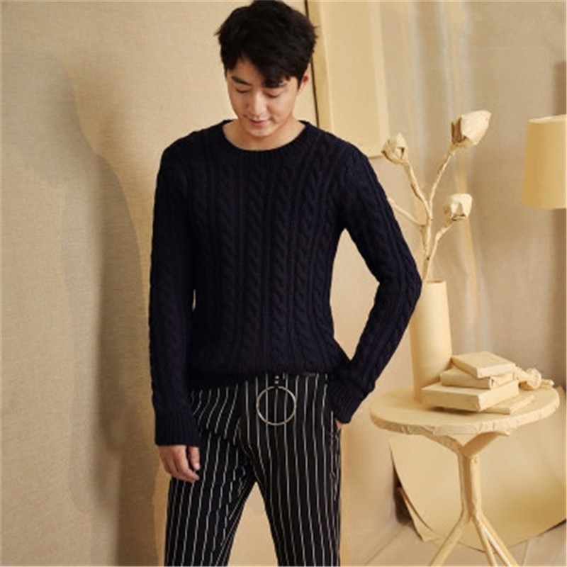 100% hand made pure wool Oneck twisted knit men brief solid H-straight loose pullover sweater one&over size