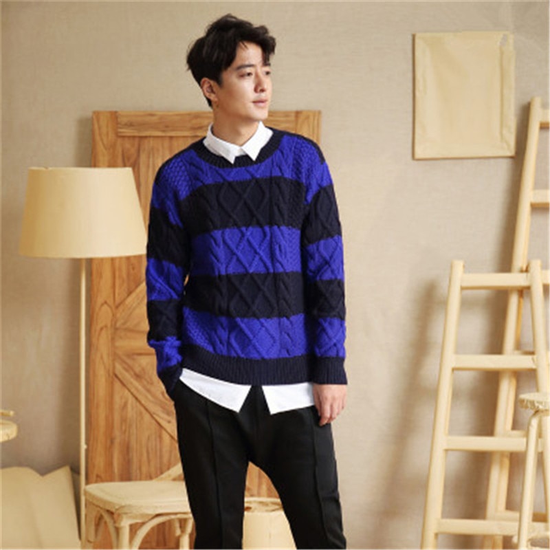 new fashion 100% hand made pure wool Oneck knit men contrast color striped H-straight pullover sweater one&over size