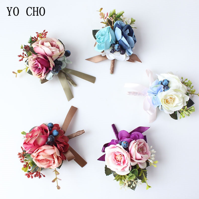 YO CHO Boutonniere Rose Wrist Corsage Bridal Artificial Silk Flowers Blue White Groom Wedding Meeting Boutonniere Personal Decor