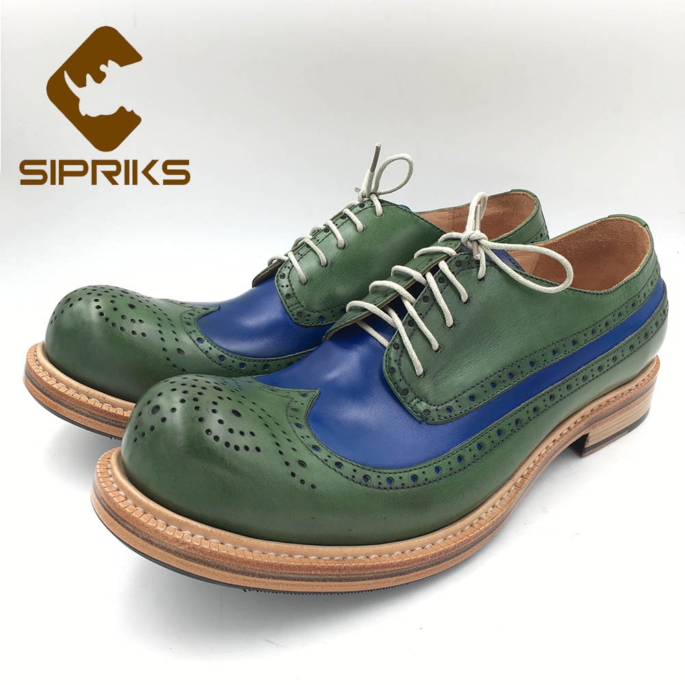 Sipriks Mens Wingtip dress Shoes Vintage Painted Blue Green Leather Brogue Shoes Custom Goodyear Welt Gents Suit Footwear Shoes