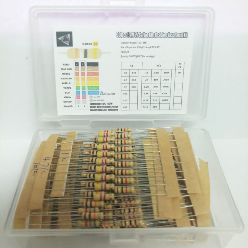 Hot Sale 300pcs 30value Rang 10ohm-1Mohm 1/2W 5% Carbon Film Metal Resistors Assortment Kit Set NEW 30 Values Resistor