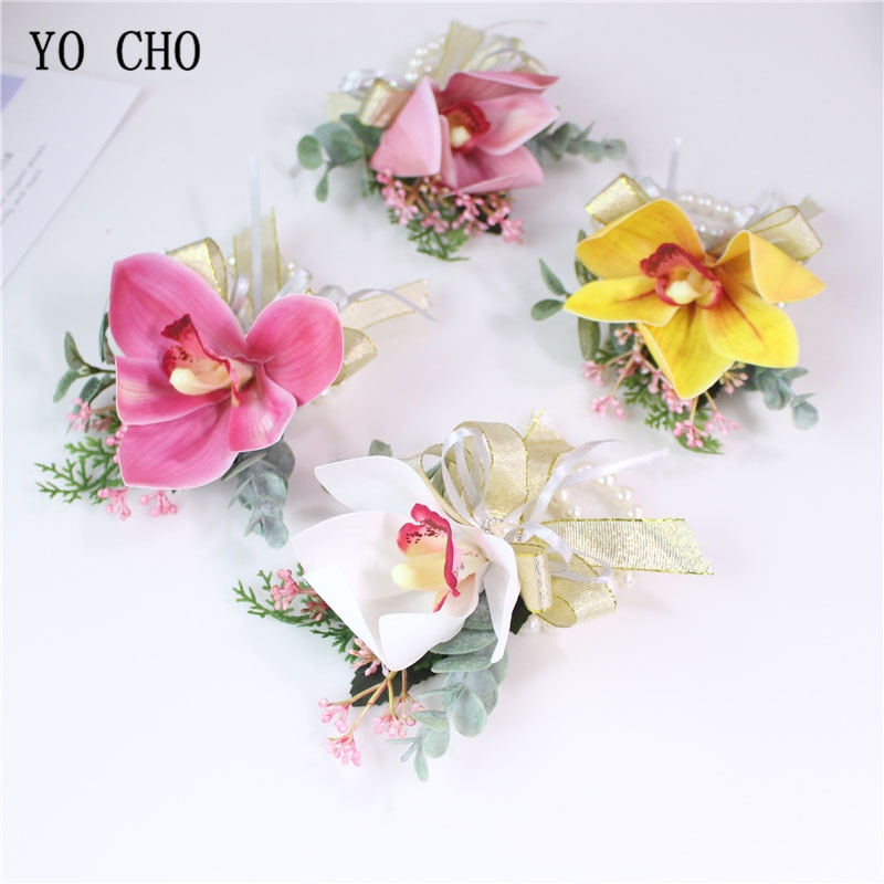 YO CHO Bride Wedding Wrist Corsage Groom Boutonniere Artificial Silk Orchid Flowers White Pink Bracelet Prom Party Corsage Decor