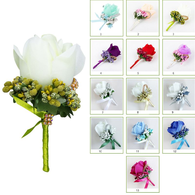 1Pc Women Men Wedding Artificial Rose Flower Brooch Bouquet Corsage Glitter Rhinestone Ribbon Lace Classic Prom Boutonnier