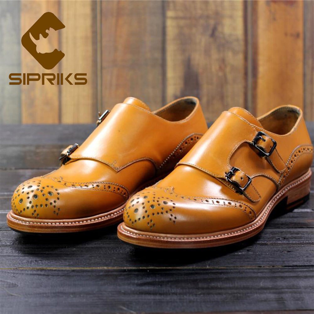 Sipriks Imported France Calf Leather Dress Shoes Mens Yellow Gents Suit Shoes Custom Goodyear Welted Double Monk Strap Office 46