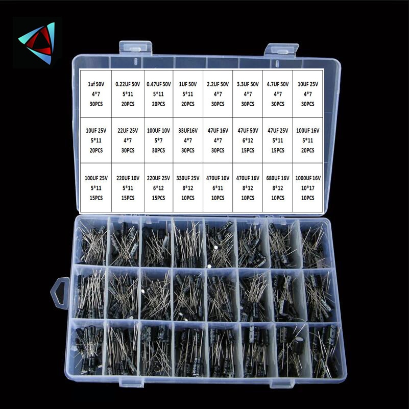 500Pcs/lot 0.1UF-1000UF 24Values Aluminum Electrolytic Capacitors 16-50V mix Electrolytic capacitor Assorted kit and storage box