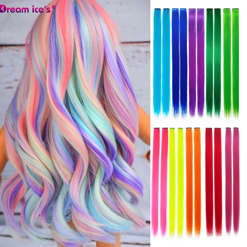 Colored synthetic hair extensions clips in one piece Ombre fake purple long straight rainbow hair pieces dream ice's