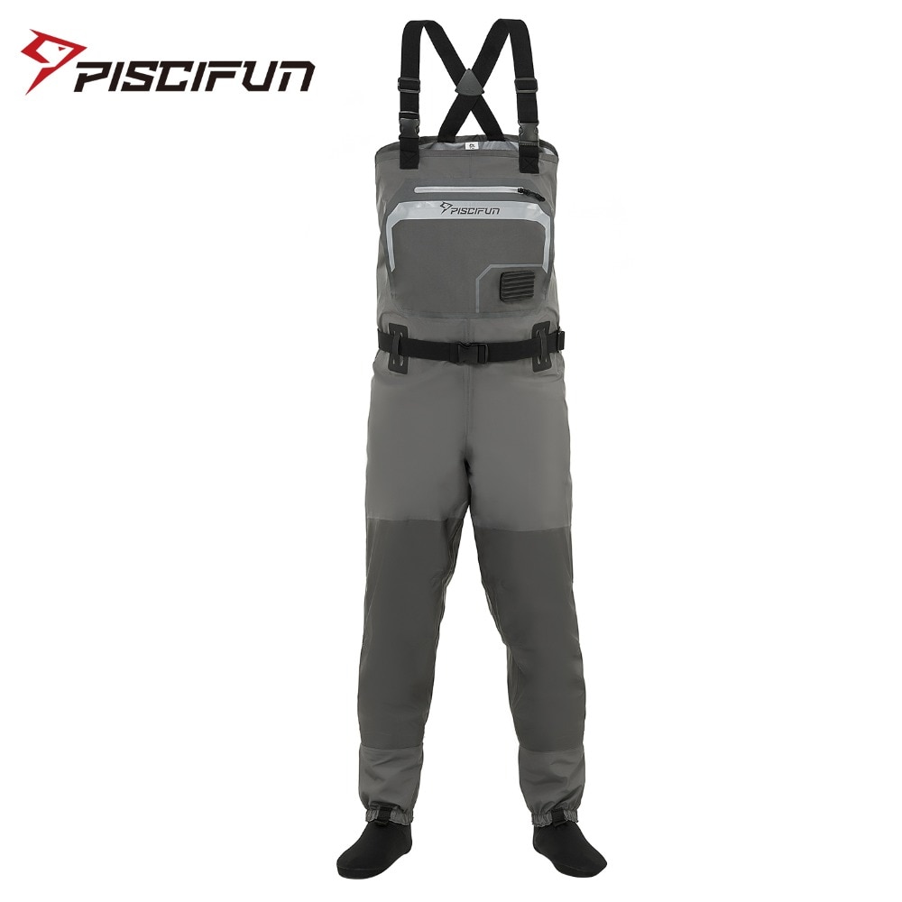 Piscifun 3-Layer Polyester Breathable Waterproof Stocking Foot Fly Fishing Chest Waders Pant for Men and Women with Phone Case