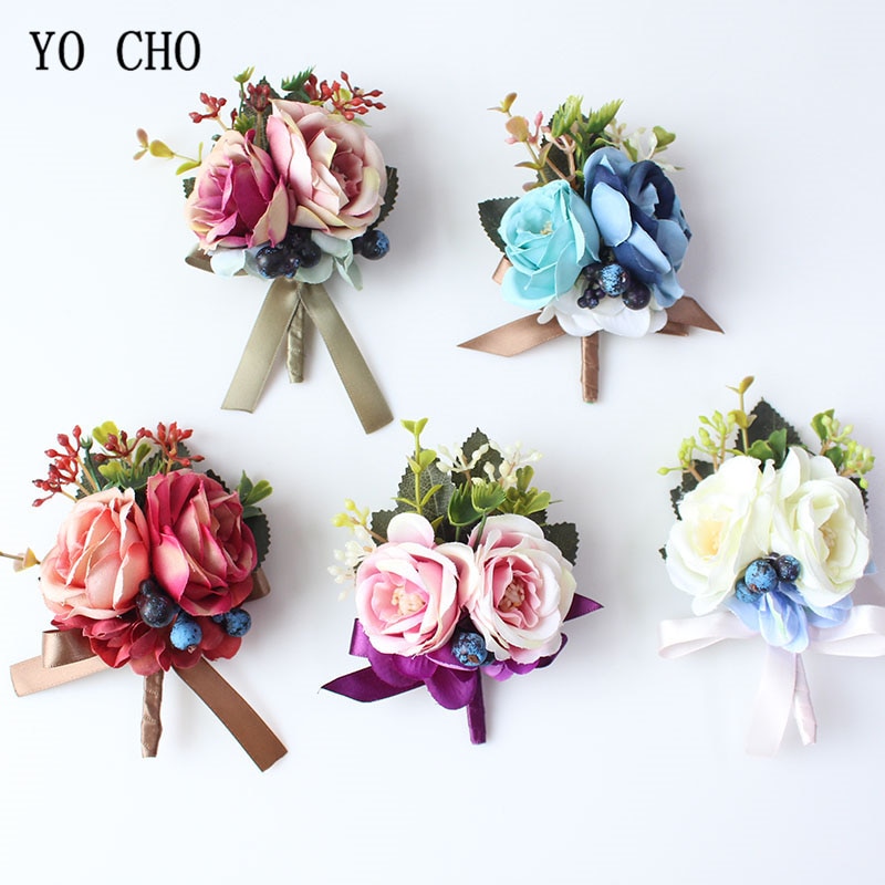 YO CHO Corsages Bridal Artificial Silk Rose Wrist flowers Bracelet White Blue Groom Wedding Boutonniere Prom Party Meeting Decor