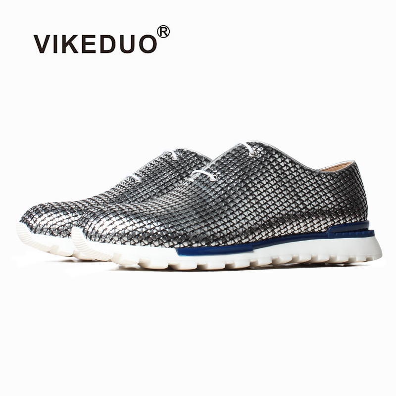 VIKEDUO Summer Casual Sneakers Men Wowen Leather Silver Sports Shoe Luxury Handmade Driving Footwear Breathable Zapato de Hombre