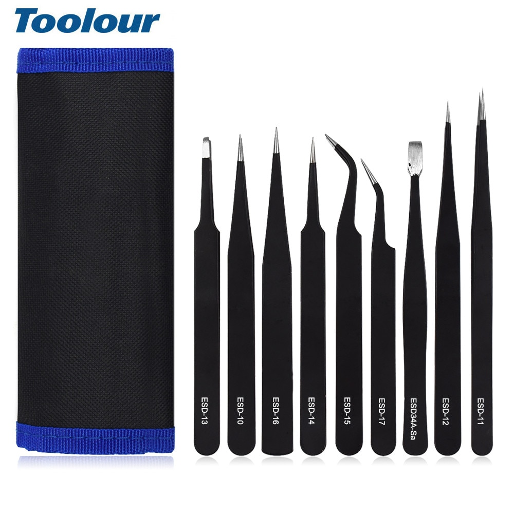 Toolour 9PC ESD Precision Industrial Tweezers Anti-static magnetic Stainless Steel Tweezers Set for Electronics Soldering