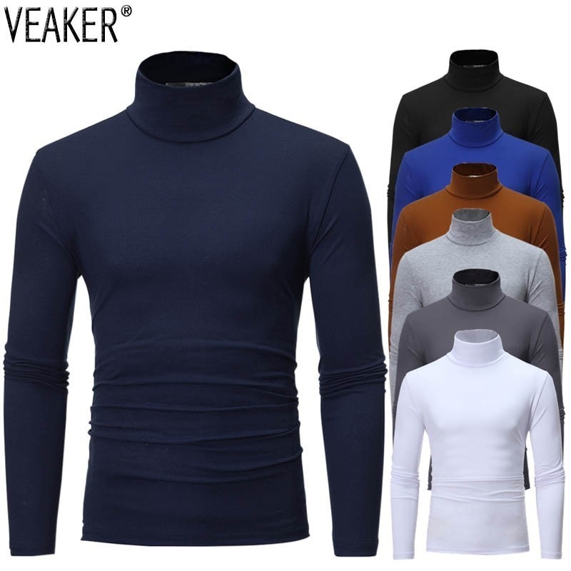 2020 New Men's Solid Color Turtleneck T Shirts Male Slim Fit Long Sleeve T Shirts Black White Men tshirt Tops M-3XL