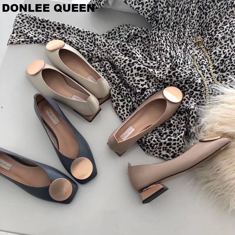 DONLEE QUEEN Women Flats Shoes Low Wooden Heel Ballet Square Toe Shallow Buckle Brand Shoes Slip On Loafer Big Size 35- 41 Mujer