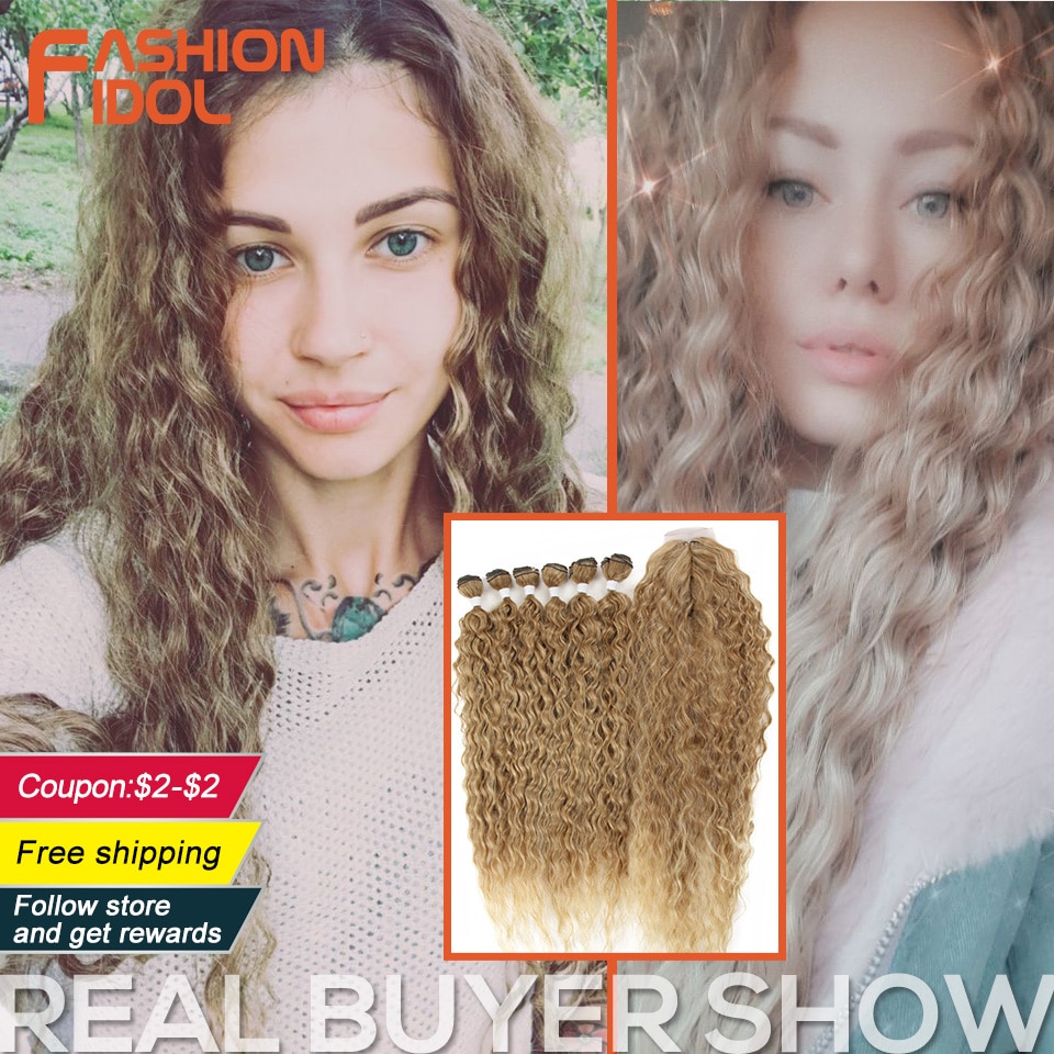 FASHION IDOL Afro Kinky Curly Hair Bundles Extensions With Closure Ombre Golden 30inch Soft Super Long Hair Synthetic Wave Hair