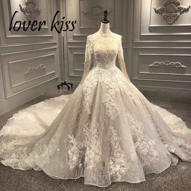 Lover Kiss Vestido De Noiva Gorgeous Lace beaded Long Sleeves Wedding Dress with Train Bridal Gown For Marriages robe de mariage