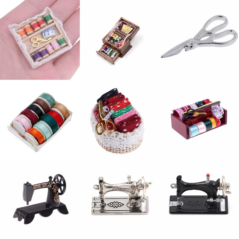 1:12 Mini Sewing Machine Sewing Box with Needle Scissors Kit Simulation Home Furniture Dollhouse Miniature Accessories