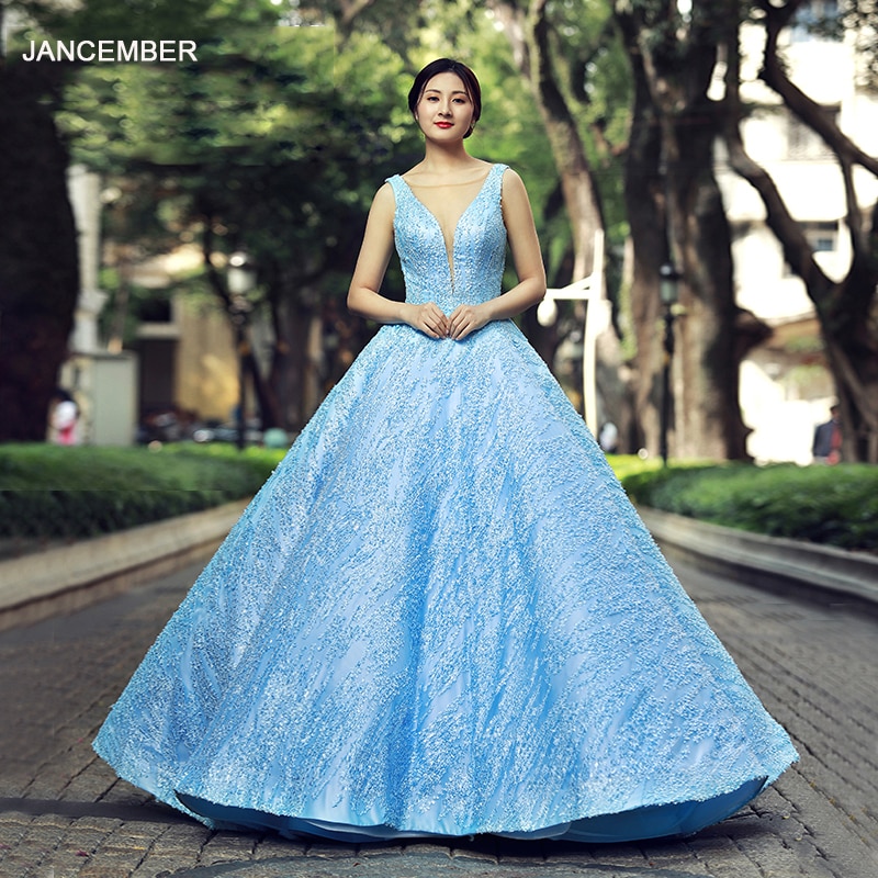 J66563 Jancember Quinceanera Dresses 2020 Ball Gown Sleeveless V-neck Lace Up Back Light Blue Dress Festa De 15 Anos Bal Jurken