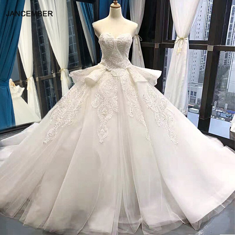 J66707 jancember strapless wedding dresses with train lace appliques ball gown bridal dressing up peplum пеньюар в пол plus size