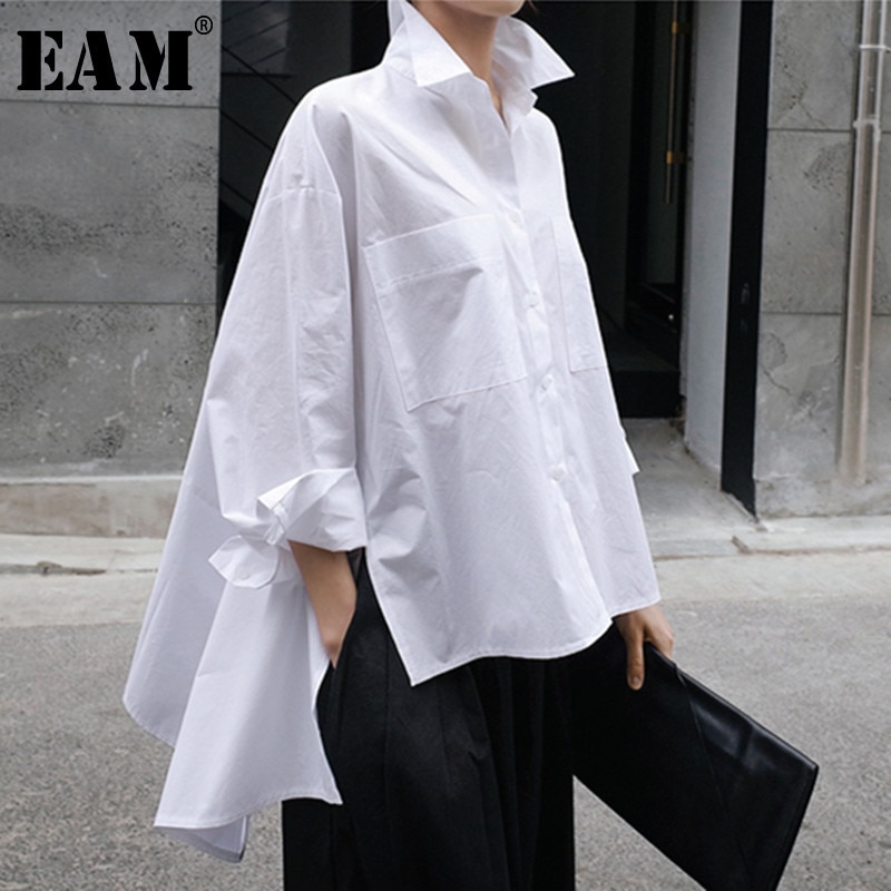 [EAM] 2021 New Spring Autumn Lapel Long Sleeve White Back Long Loose Big Size Irregular Shirt Women Blouse Fashion Tide JU847