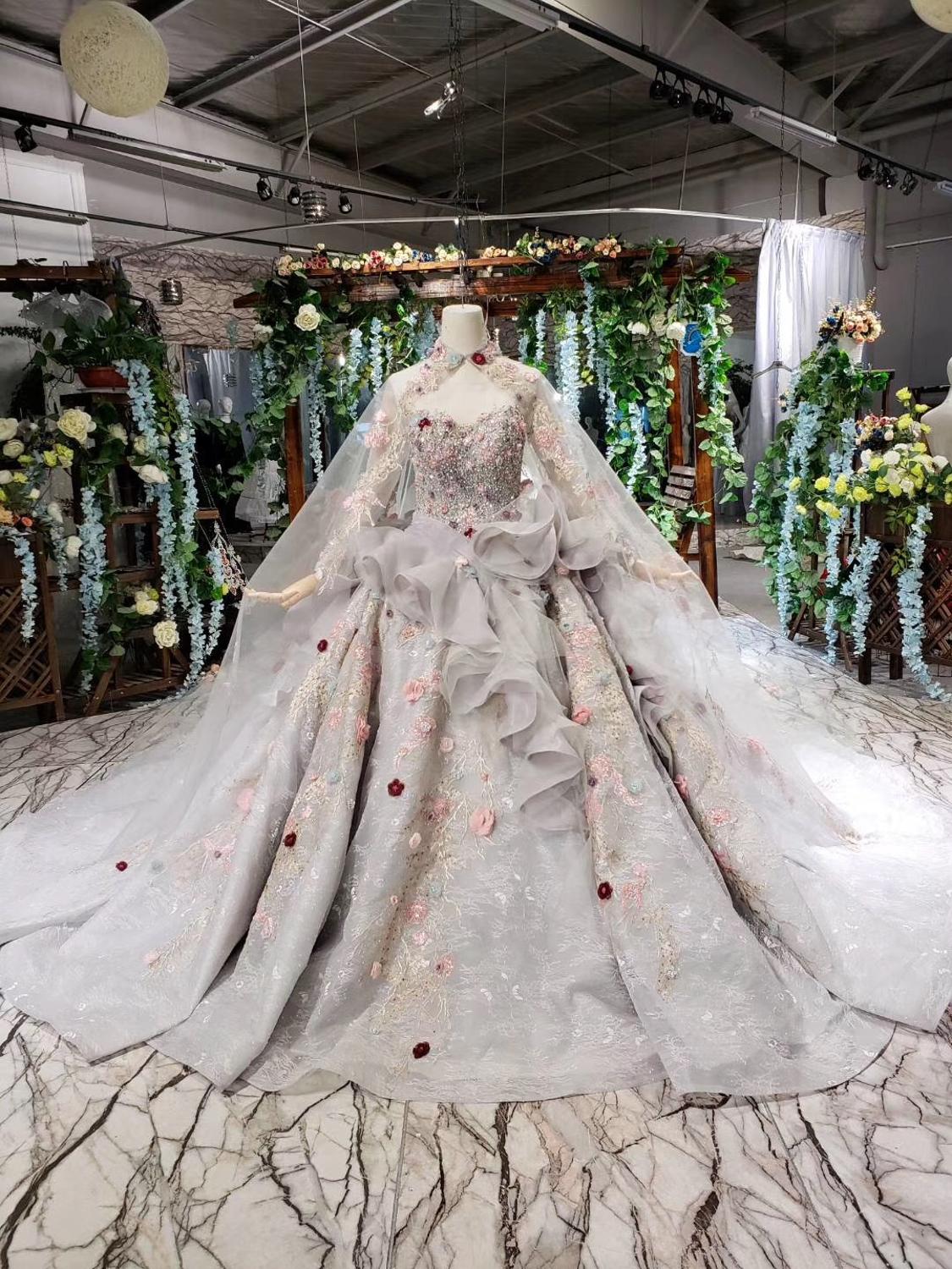 Luxury Dubai Wedding Dress Grey 3d Handmade Flower Long Sleeve Wedding Dresses with shawl Cathedral Train Arabic robe de mariee