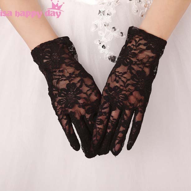 Ivory Red Black Bridal Elegant Gloves Lace Full Finger Short Cheap Wedding Accessories Black Red Wrist Length Wedding Gloves