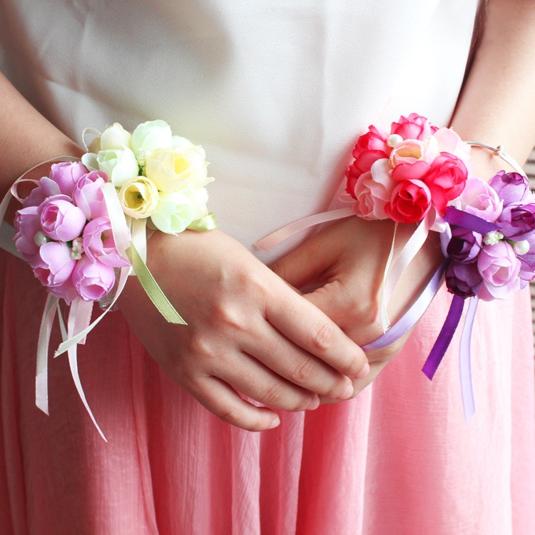 Hand Wrist Flower Pink Accessories Wedding Hands Corsages Girls Flower Corsage Flowers Silk Bracelets Bridemaids Accessoirs