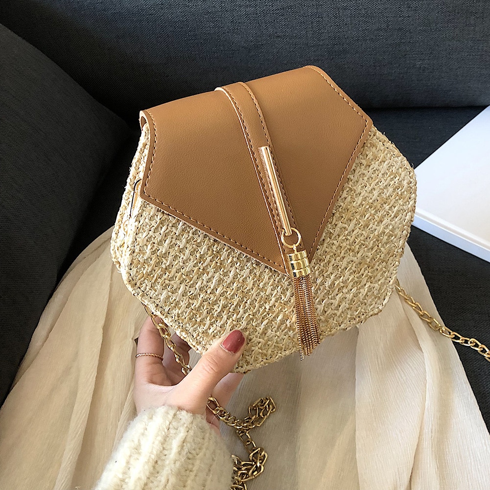 Hexagon Mulit Style Straw+leather Handbag 2021 Women Summer Rattan Bag Handmade Woven Beach Circle Bohemia Shoulder Bag New