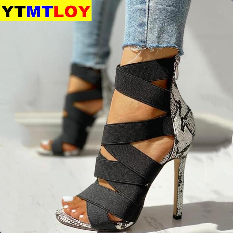 Snake Summer Shoes Woman Pumps High Thin Heels Pointed Toe Rhinestone Gladiator Pumps Party Sexy Shoes Prom Shoes