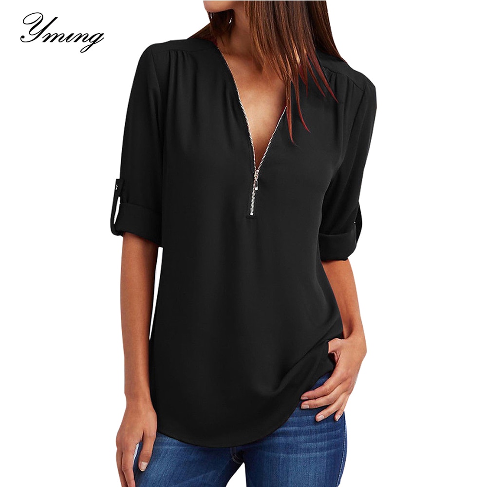 YMING Fashion Ladies Top Zipper Chiffon Top Office Casual Ladies Top Summer Ladies Top Long Sleeve Shirt Solid Color Blusas