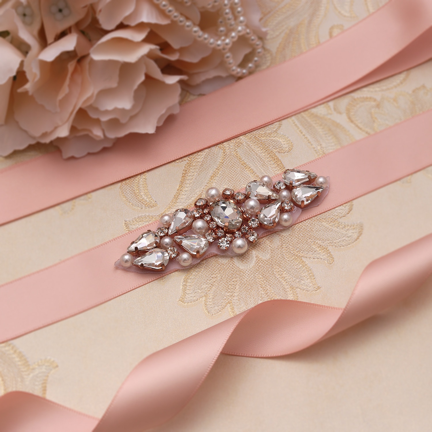 MissRDress Pearls Wedding Belt Rose Gold Bridal Belt Crystal Bridal Sash Rhinestone And Sash For Wedding Decoration JK904