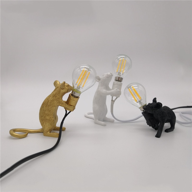 Nordic Resin Animal Rat Mouse Table Lamp Small Mini Mouse Cute LED Night Lights Home Decor Desk Light Fixtures Bedside Luminaire