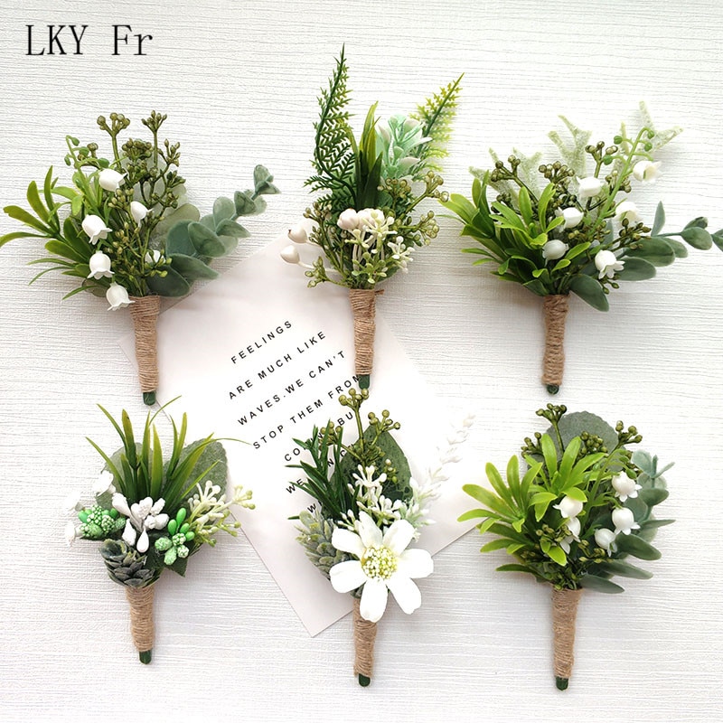 LKY Fr Boutonniere Corsage Pin Flowers Green Forest Wedding Boutonniere Buttonhole Men Wedding Planner Marriage Corsages Brooch