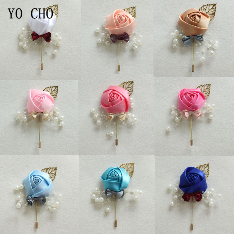 YO CHO Luxury Boutonniere for Men Handmade Groomsmen Corsage Fashion Silk Rose Flower Wedding Supplies Festival Prom Party Decor