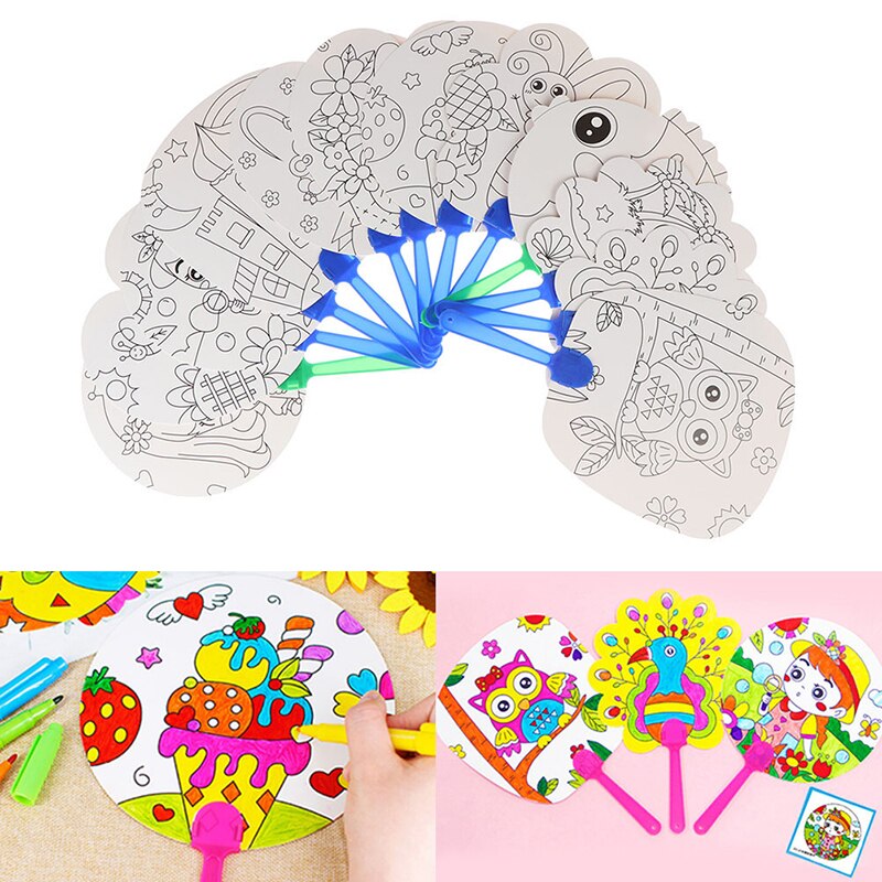 DIY Coloring hand fan Kids Cartoon Hand Fan Paper Art Craft Material for Kindergarten Preschool Drawing Toy Kids Gifts