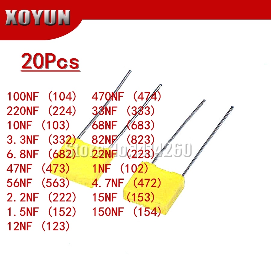 20pcs Polypropylene Safety Plastic Film 100V 1nF ~ 470nF 100nf 220nf 10nf 47nf 22nf 1nf 0.47uf 0.1uf Correction capacitor