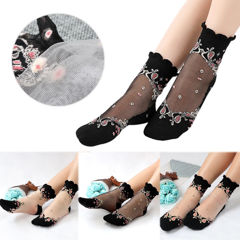 New 1 Pair Transparent Ultrathin Literary Elastic Socks Lace Silk Summer Short Socks Crystal Fashion Socks