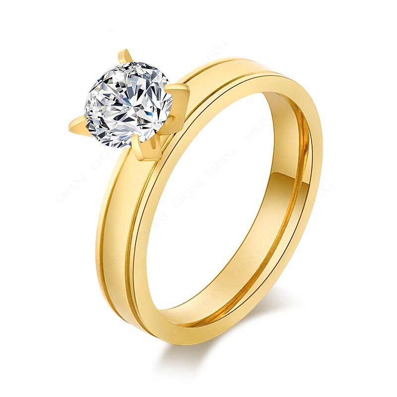 QianBei Gold Plate CZ Inlay Stone Stainless Steel Ring Men Women Wedding Valentine Xmas Gift