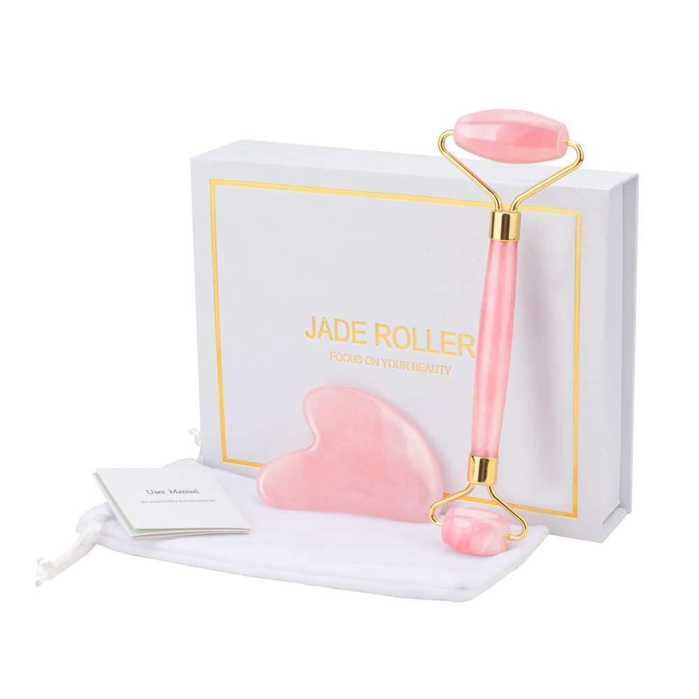 Rose Quartz Jade Face Roller Slimming Massager Face Lifting Natural Jade Stone Facial Massage Roller Skin Care Beauty Box Set