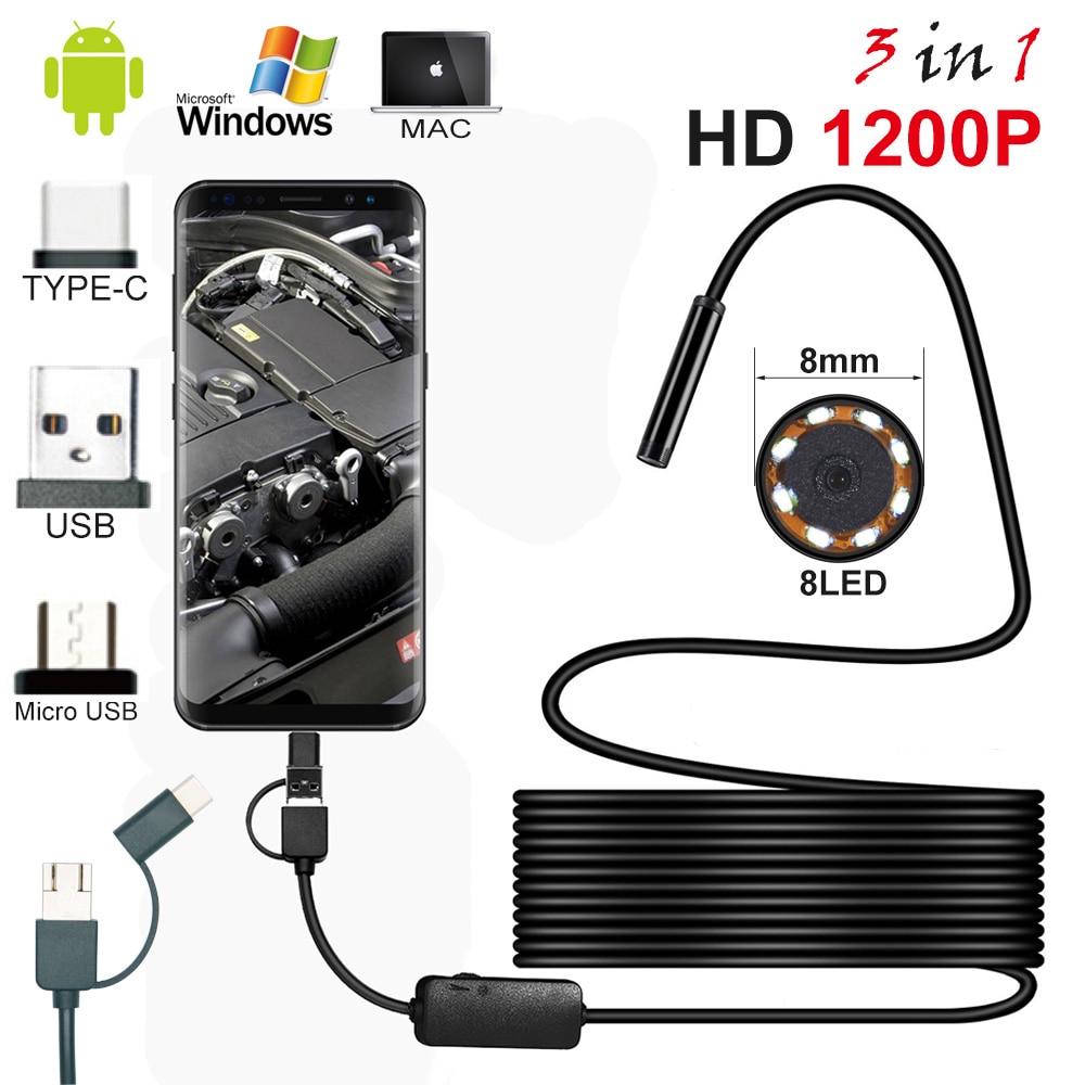Mini Android PC Typec-C/USB HD 1200P Endoscope Camera Semi Rigid Hard Cable Led Light Endoscope Inspection Borescopes