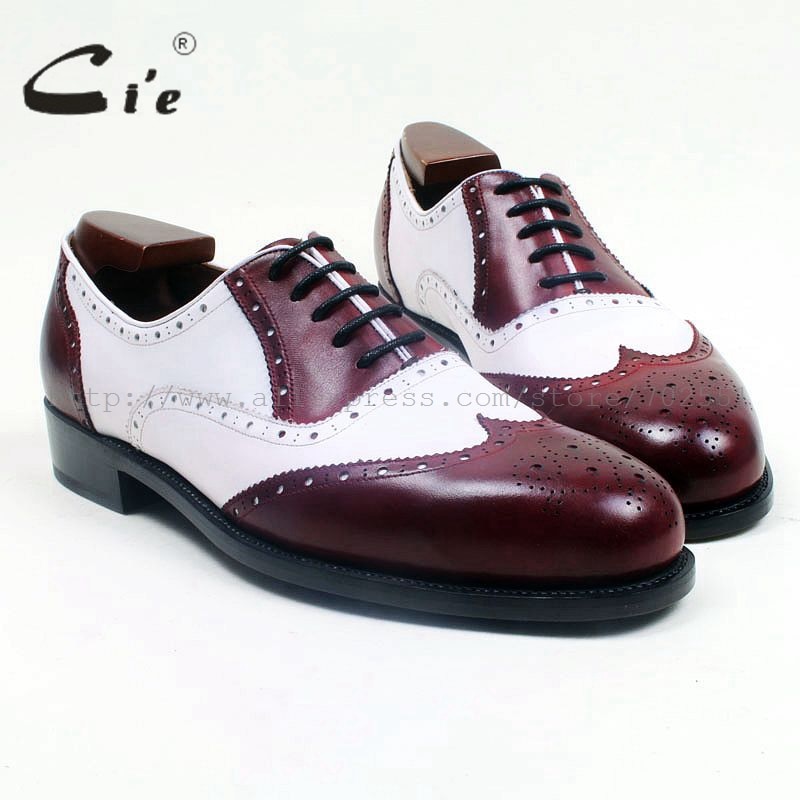 cie Round Toe Full Brogues Lace-Up Mix Colors Wine/White Handmade Genuine Leather Bottom Outsole Breathable Men's Shoe OX518